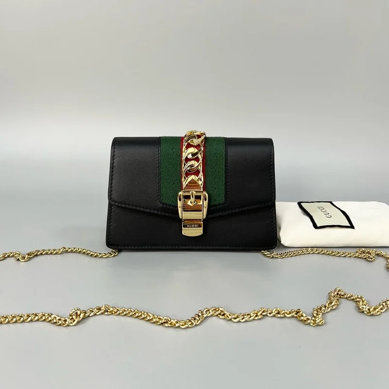 Ladies Gucci shoulder bags with a magnetic - closure flapGucci Sylvie Mini Woc Black Green Leather 16.5x11cm Crossbody Bag