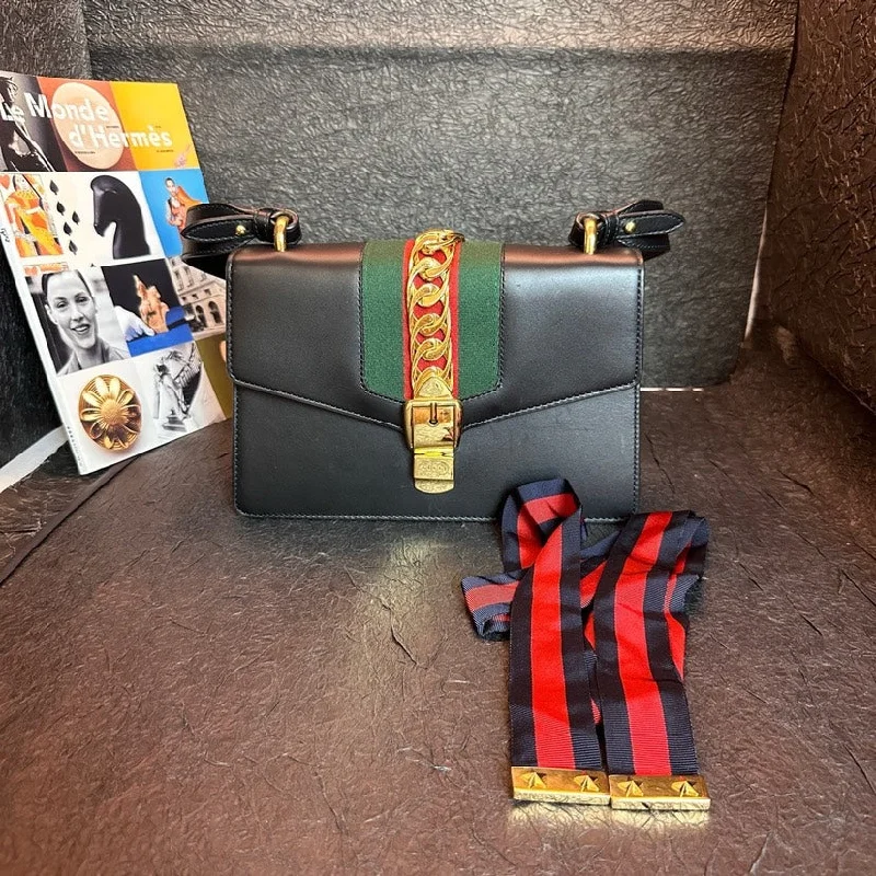 Medium - sized Women Gucci handbags for everyday useGucci Sylvie Black Satin Gold Buckle Striped Ribbon Bag 25.5cm