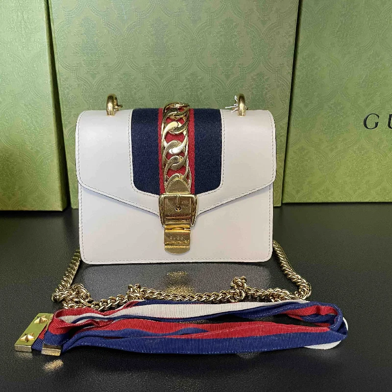 Women Gucci bags with interlocking G hardware for a classic lookGucci Sylvie White Leather Gold Chain Shoulder Bag Small