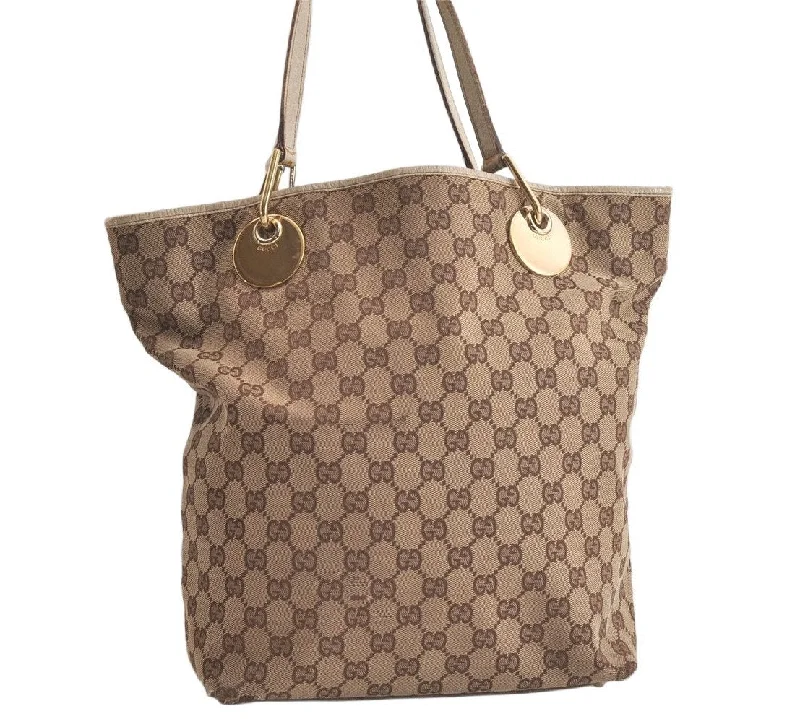 Women Gucci bags with a chain - link trim and a leather bodyAuthentic GUCCI Eclipse Shoulder Tote Bag GG Canvas Leather 120836 Brown 5110K