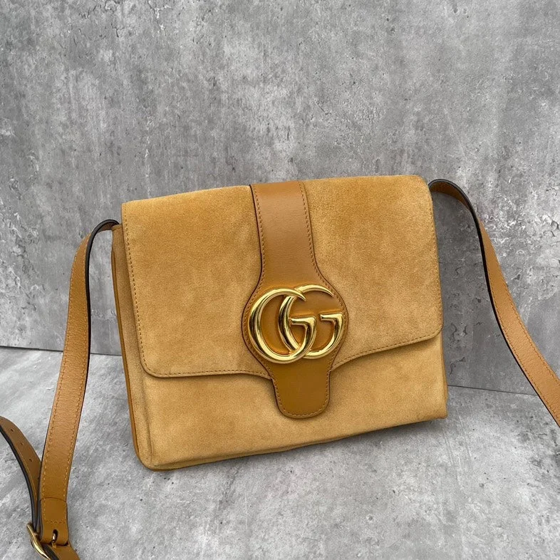 Ladies Gucci handbags with a detachable coin purse insideGucci Arli Suede Camel Crossbody Bag Small