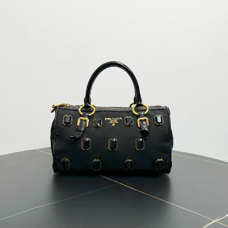 Prada crossbody bags with a keychain holder for practicalityPrada Black Nylon Studded Tote Bag Medium