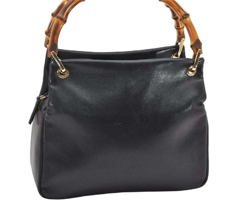 Gucci tote bags for women with a double - handle designAuthentic GUCCI Vintage Bamboo Hand Bag Purse Leather Black 4459K