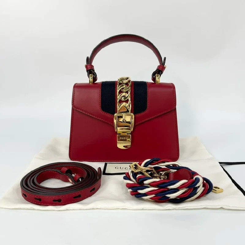 Women Gucci Sylvie bags with a leather - wrapped handleGucci Sylvie Red Leather Gold Chain Strap Bag Small 20x14cm