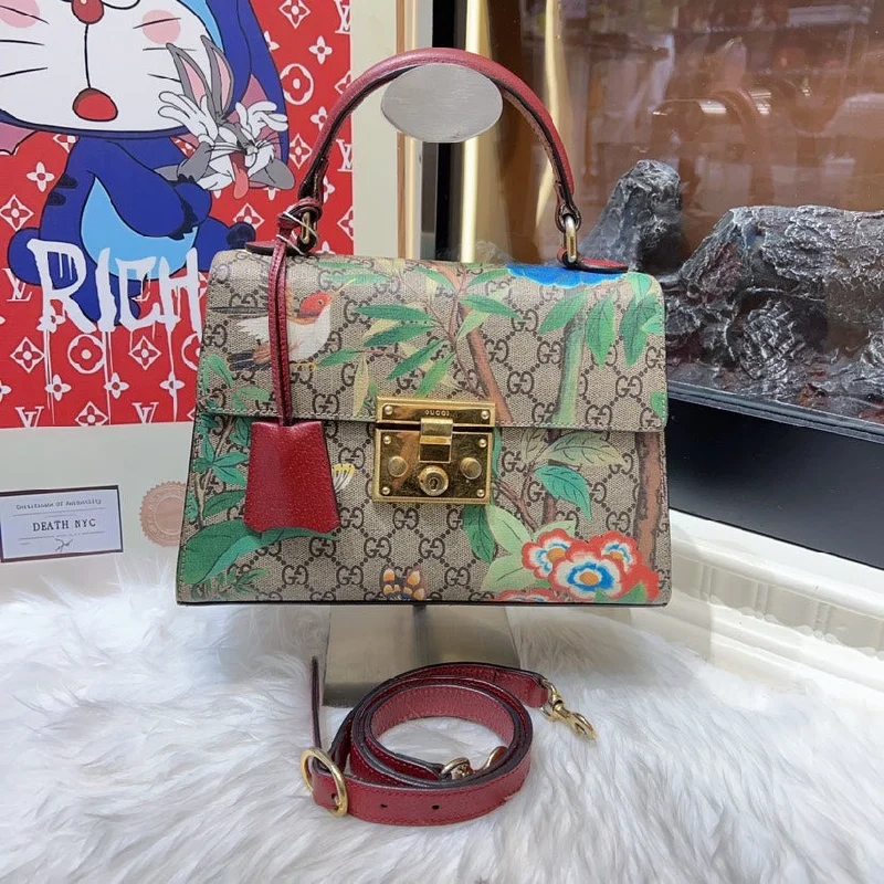 Women Gucci bags with a magnetic snap closure for easy accessGucci Tian GG Supreme Floral Print Padlock Bag Small Brown Multicolor