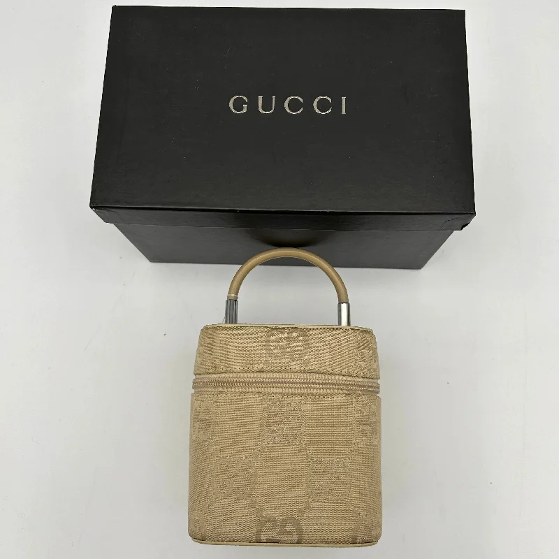 Women Gucci Sylvie bags with a leather - wrapped handleGucci Beige GG Canvas Leather Vanity Bag