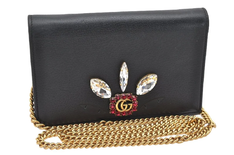 Women Gucci bags with a snap - button closure and a decorative charmAuthentic GUCCI GG Marmont Chain Shoulder Long Wallet Leather 499782 Black 5230K