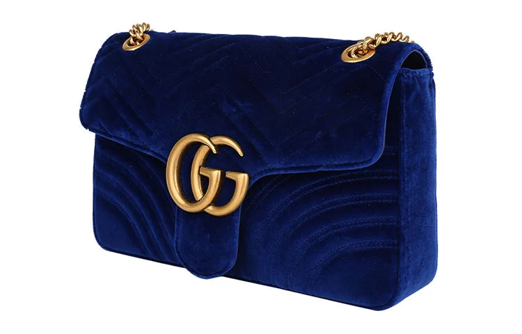 Women Gucci bags with interlocking G hardware for a classic lookGUCCI GG Marmont Gold Label Logo Distress Velvet Chain Shoulder Messenger Bag Navy Blue 443496-K4D2T-4511