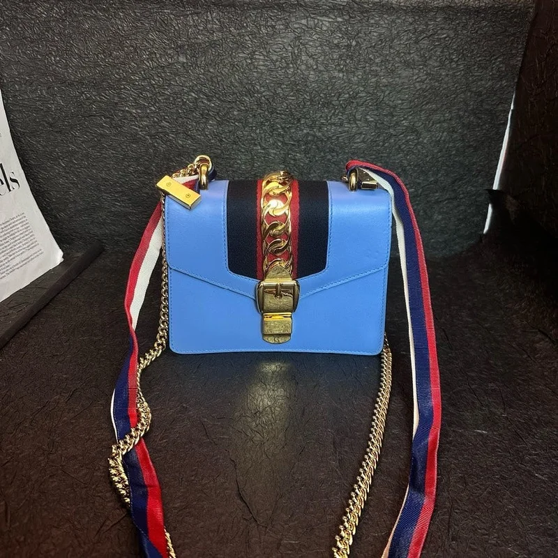 Ladies Gucci Dionysus bags in a pastel colorGucci Sylvie Baby Blue Crossbody Handbag 19cm