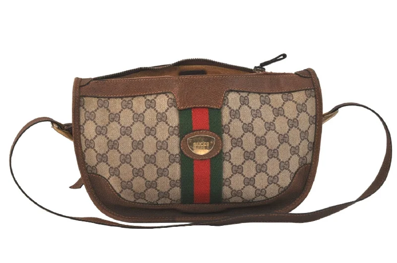 Gucci handbags for women with a back - zip pocketAuthentic GUCCI Web Sherry Line Shoulder Bag GG PVC Leather Brown Junk 3437K