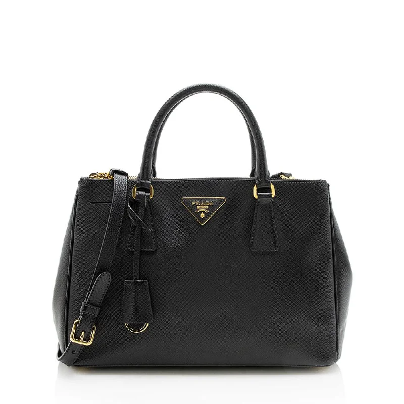 Prada handbags with a perforated leather detail for a unique and breathable designPrada Saffiano Lux Leather Double-Zip Small Tote (SHF-12481)