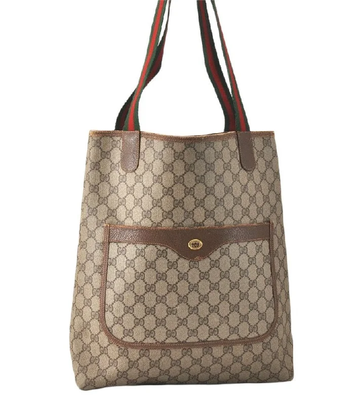 Women Gucci bags with a detachable mirror insideAuthentic GUCCI Web Sherry Line Shoulder Tote Bag GG PVC Leather Brown 4175K