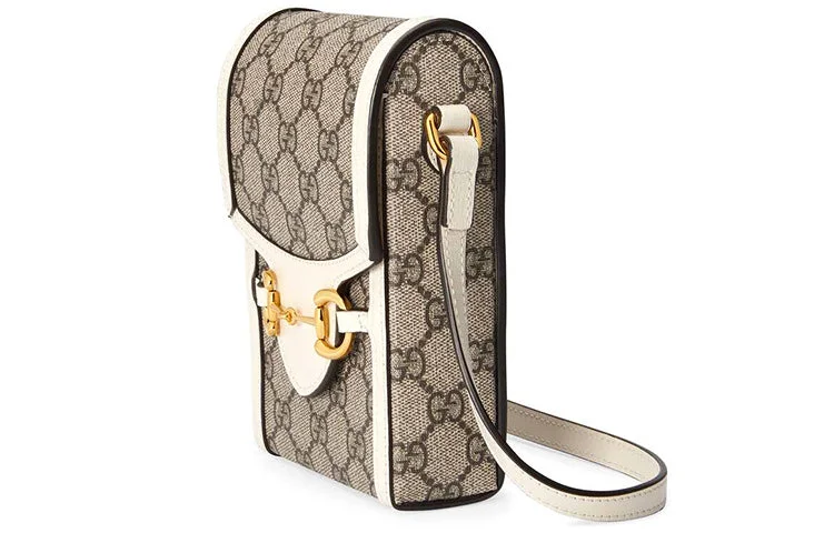 Ladies Gucci handbags with a detachable coin purse insideGUCCI Horsebit 1955 Logo Canvas Phone Bag Box Shoulder Messenger Bag Mini / Ebony / White Unisex 625615-92TCG-9761