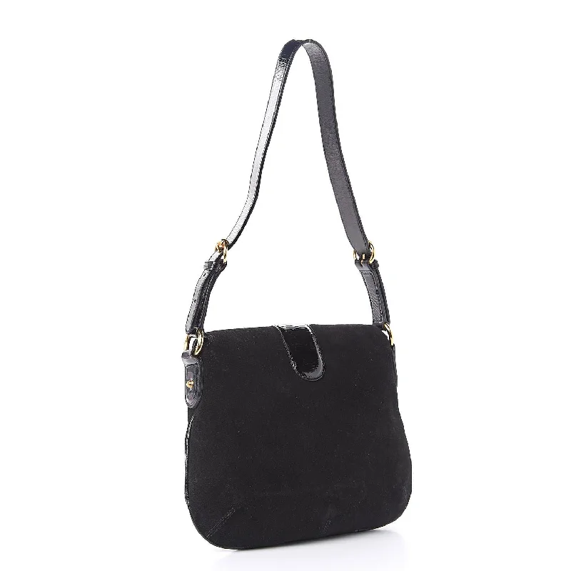 Ladies Gucci shoulder bags with a magnetic - closure flapGUCCI Suede Wave Flap Bag Black