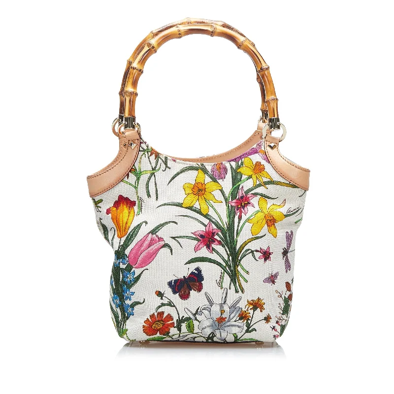 Women Gucci bags with a front - flap pocket for quick - access itemsGucci Bamboo Flora Handbag