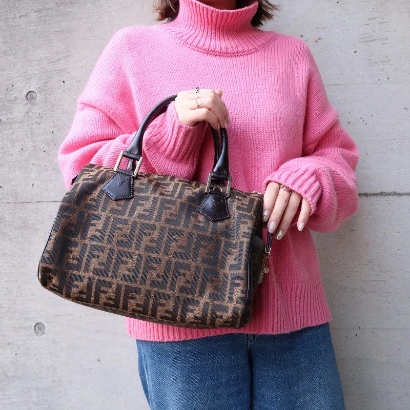 Fendi tote bags with a snap - button closure and a decorative charm for a fashionable and personalized lookFENDI Zucca Canvas Leather Mini Boston Bag Black Brown 8BL104