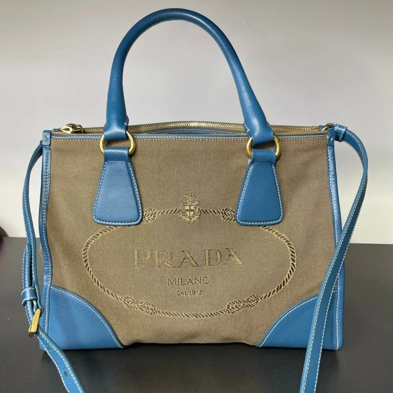 Prada tote bags with a water - resistant coating for outdoor activitiesPrada Canapa Blue Beige Canvas Leather Logo Tote Bag Medium