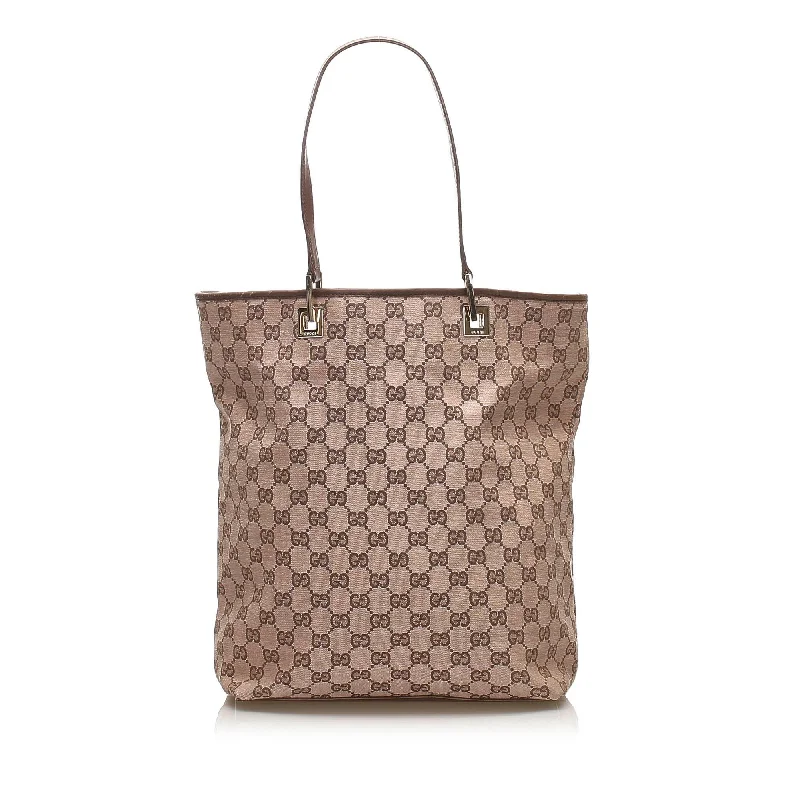 Women Gucci bags with a chain - link trim and a leather bodyGucci GG Canvas Tote Bag (SHG-14055)