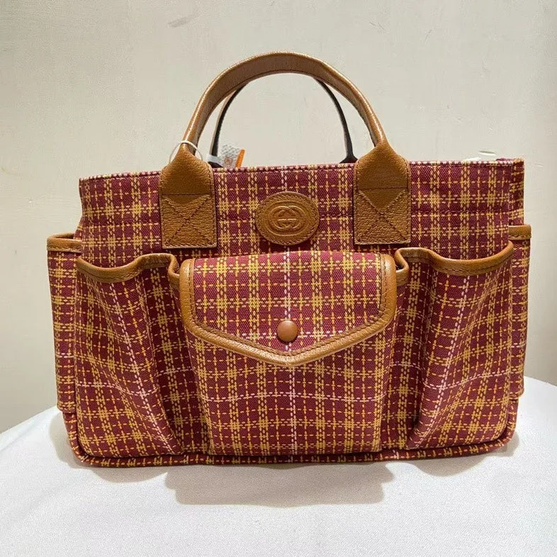 Women Gucci backpacks with a luxurious leather finishGucci Beige Red Patterned Canvas Leather Trim Tote Bag Medium