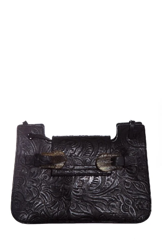 Fendi tote bags with a printed Fendi logo on the front for high brand visibilityFendi Vintage Black Leather Embossed Flower Handle Bag