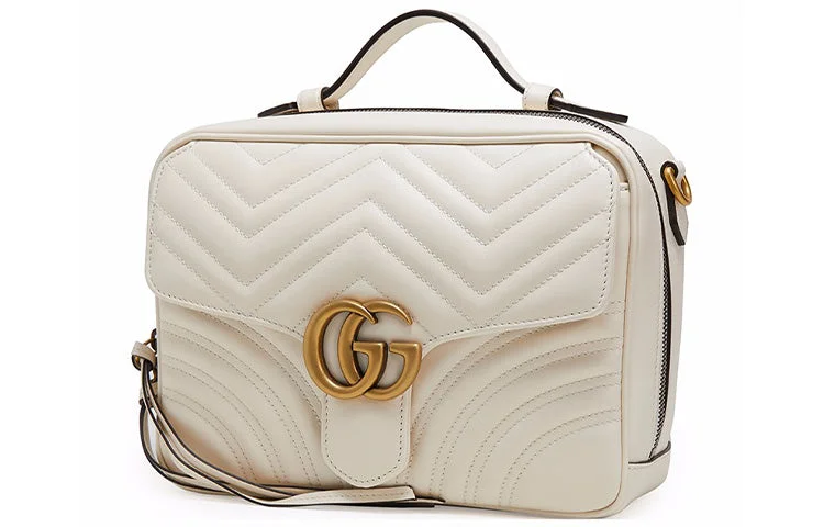 Gucci tote bags for women with a double - handle designGUCCI GG Marmont Gold Label Logo Tassel Stripe Webbing Shoulder Strap White Handbag 498100-DTDPT-8283