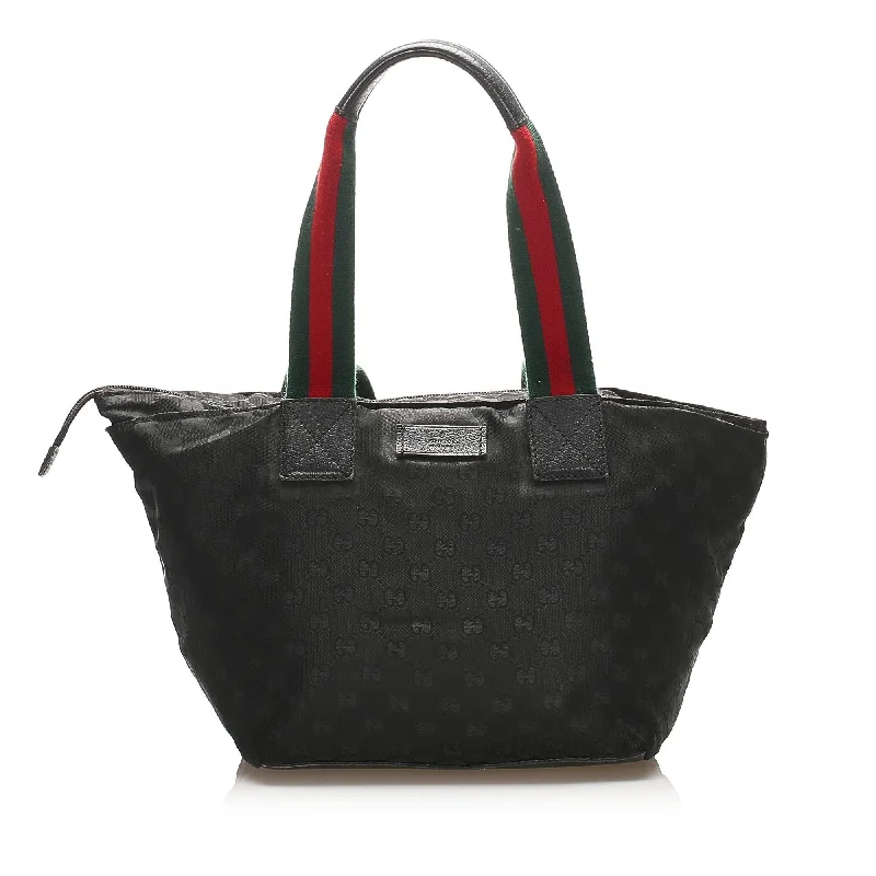 Women Gucci bags with a zippered interior pocketGucci GG Canvas Web Tote Bag (SHG-15691)