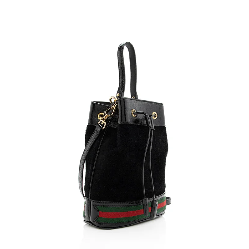 Women Gucci bags with a front - zip pocket for small itemsGucci Suede Patent Leather Ophidia Bucket Bag (SHF-18984)