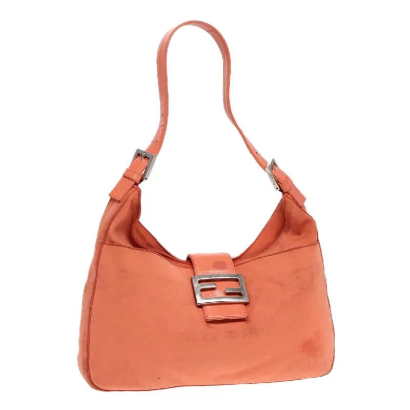 Fendi handbags with a perforated leather detail for a breathable and unique designFENDI Mamma Baguette Shoulder Bag Nylon Orange Silver  90787