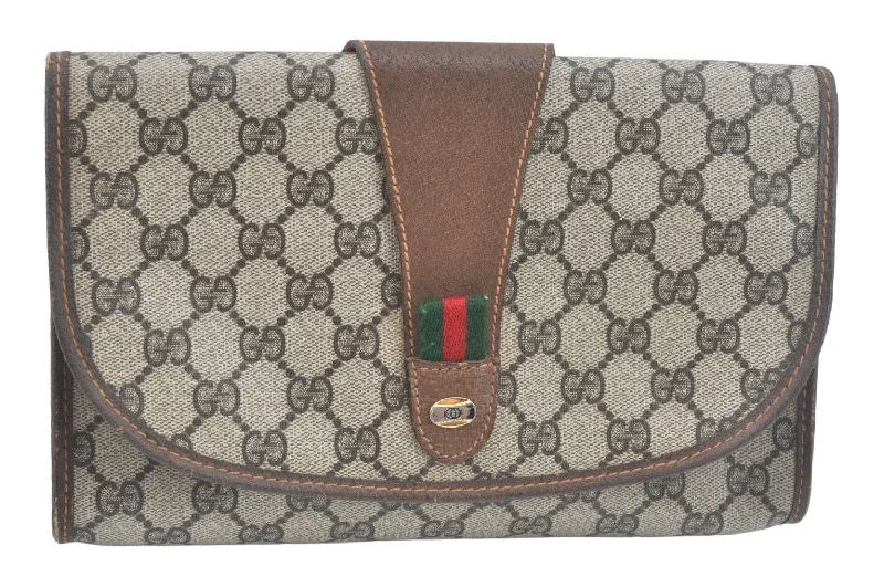 Gucci Marmont bags for women with quilted leather exteriorsAuth GUCCI Web Sherry Line Clutch Hand Bag Purse GG PVC Leather Brown Junk L0346