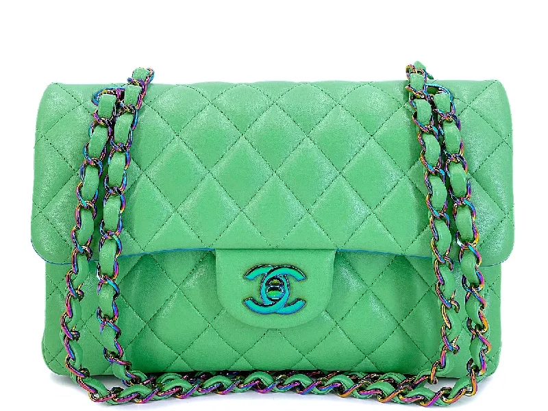 Chanel Lightweight Handbag for Daily ErrandsChanel 2021 Green Small Classic Double Flap Bag Rainbow HW