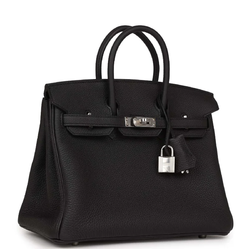 Hermes Bags with Chain - Link Handles for a Touch of GlamourHermes Birkin Bags with a Textured Taurillon Clemence LeatherHermes Birkin 25 Black Togo Palladium Hardware