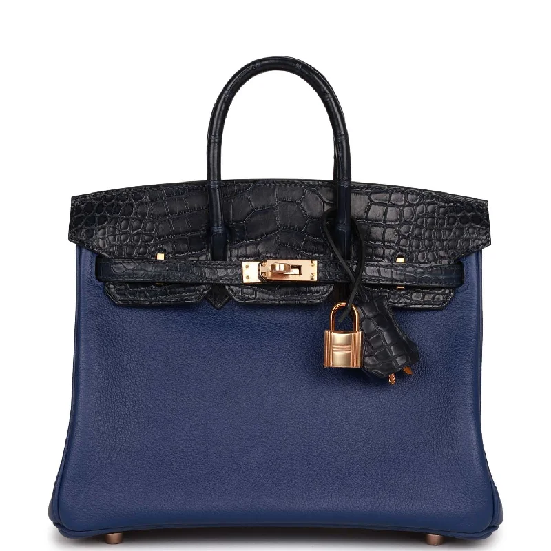 Customizable Hermes Bags with Personalized LocksHermes Birkin Bags in a Metallic Rose Gold for a Glamorous TouchHermes Birkin 25 Bleu Marine Matte Alligator and Bleu Saphir Novillo Touch Rose Gold Hardware