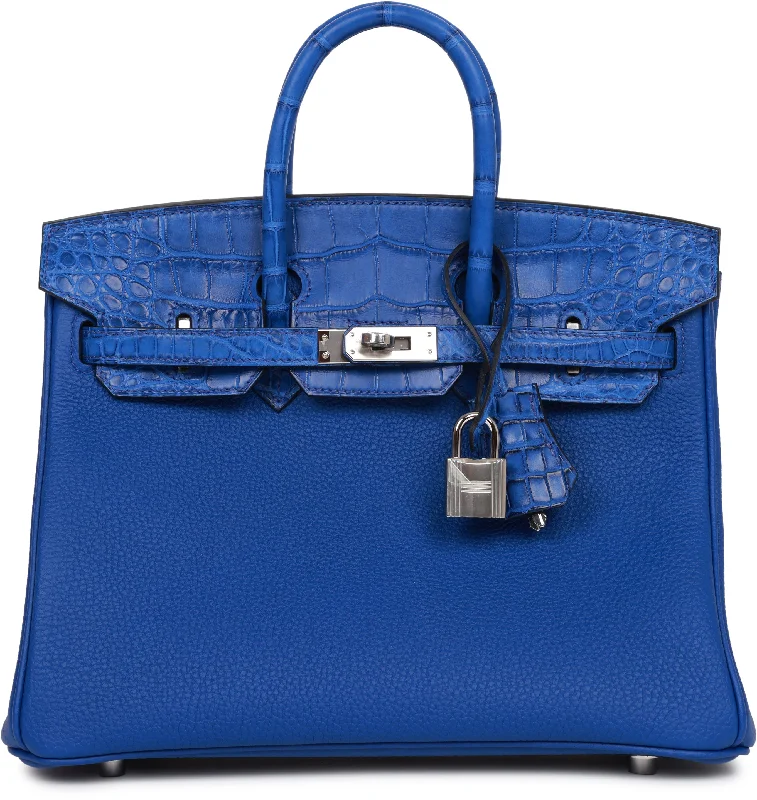 Hermes Lindy Bags in Seasonal Print CollaborationsHermes Birkin Bags with a Contrast - Stitched Handle for Added StyleHermes Birkin 25 Bleu Royal Matte Alligator and Togo Touch Palladium Hardware