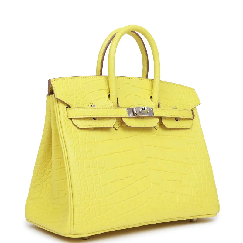 Customizable Hermes Bags with Personalized LocksHermes Birkin Bags in a Shiny Patent Leather Finish for a Glossy LookHermes Birkin 25 Lime Matte Alligator Palladium Hardware