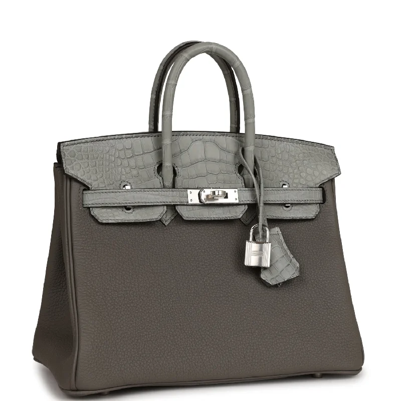 Sustainable and Ethical Hermes Bags for Conscious ConsumersHermes Birkin Bags with a Hand - Painted Monogram DesignHermes Birkin 25 Gris Meyer Togo and Gris Ciment Matte Alligator Touch Palladium Hardware