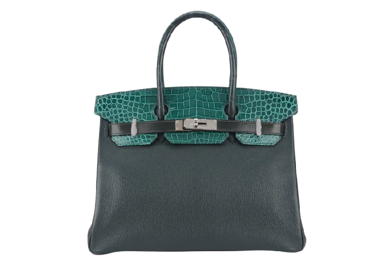 Hermes Bags with Detachable Pouches for VersatilityHermes Birkin Bags with a Magnetic - Closure Interior PocketHERMES BIRKIN 30 PATCHWORK EMERALD GREEN, VERT TITIEN, VERT FONCE, MALACHITE, ROSE AZALEE INTERIOR, SILVER HARDWARE POROSUS, EPSOM, CHEVRE, CLEMENCE, BOX WITH DUST COVER