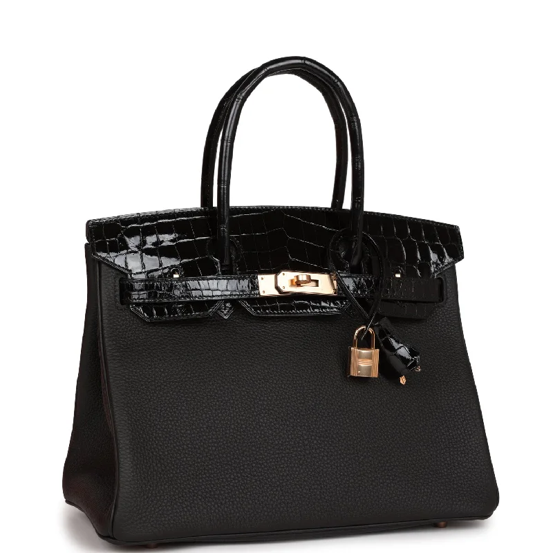 High - End Hermes Jypsiere Bags for the Fashion - ForwardHermes Birkin Bags with a Chain - Embellished Handle for a Modern TwistHermes Birkin 30 Black Niloticus Crocodile and Togo Touch Rose Gold Hardware