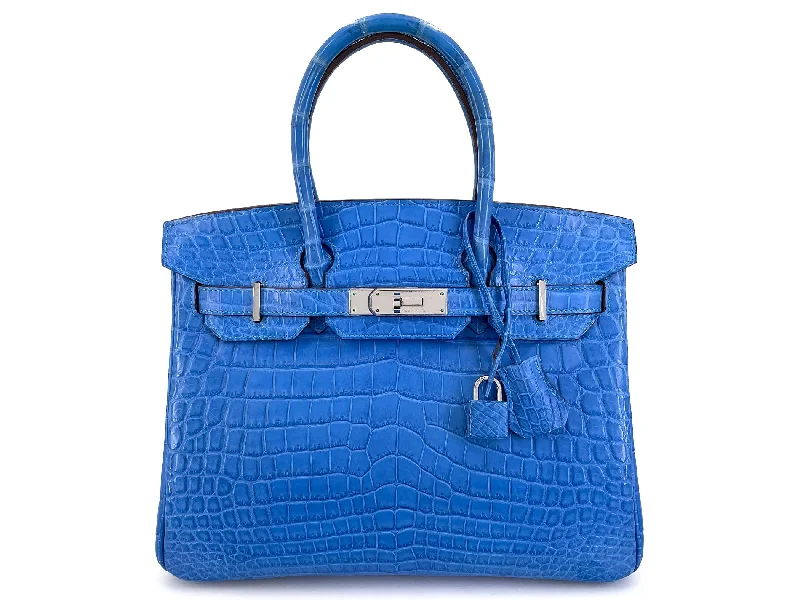 Pet - Friendly Hermes Pet Carrier Bags in Signature StylesHermes Birkin Bags with a Snap - Fastened Front Pocket for Easy AccessHermès Blue Mykonos Matte Niloticus Crocodile Birkin 30 Tote Bag PHW MEW