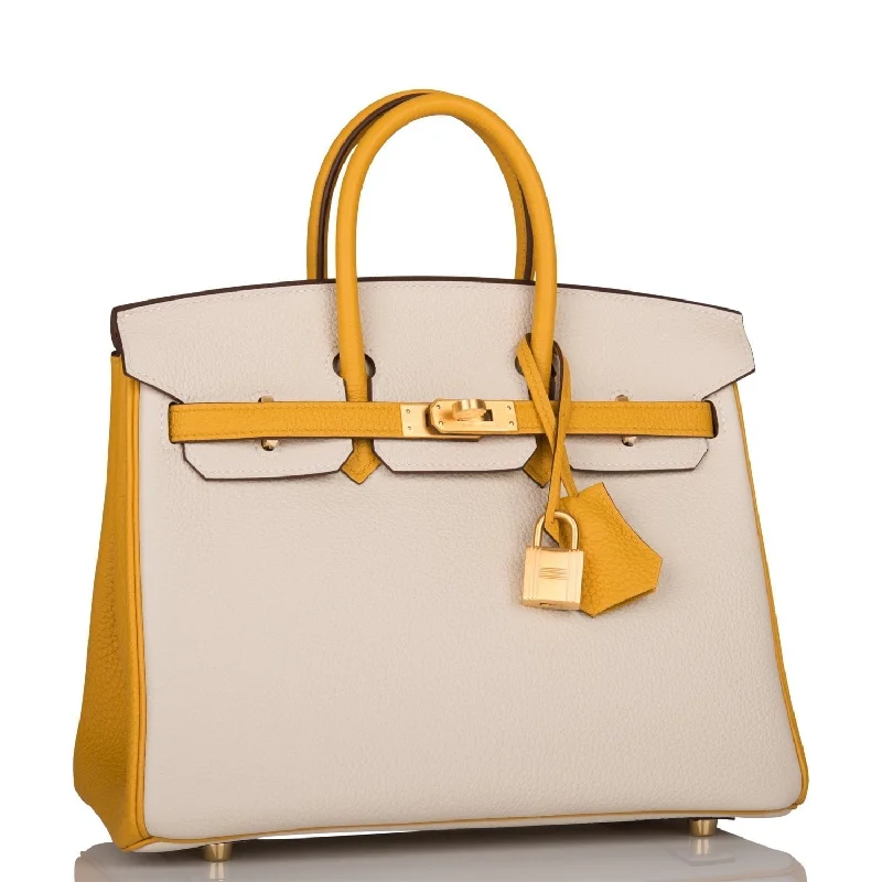 Sparkling Hermes Bags with Diamond - Encrusted AccentsHermes Birkin Bags with a Detachable Mobile Phone HolderHermes Special Order (HSS) Birkin 25 Craie and Jaune Ambre Togo Brushed Gold Hardware