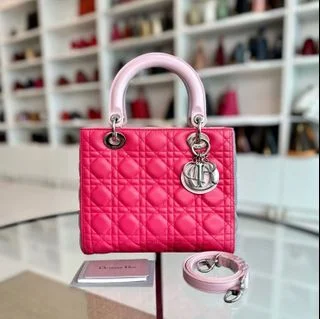 Trendsetting Christian Dior crossbody bags with a colorful strapLady Medium Lambskin Bi-Color Cannage Pink Grey SHW