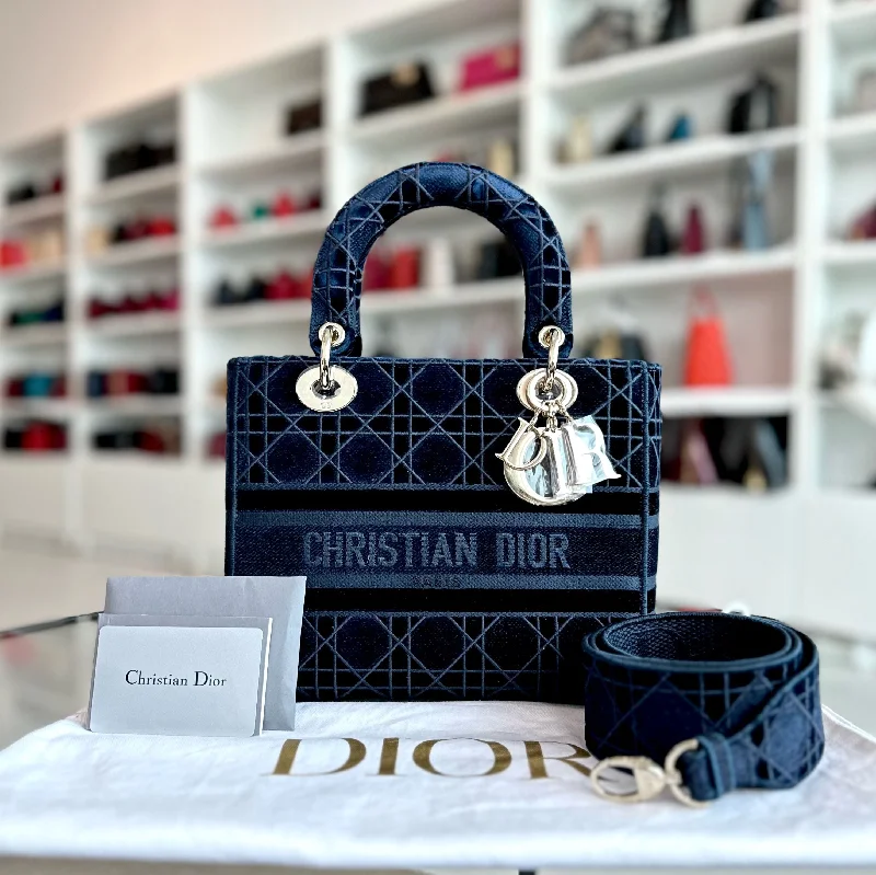 Fashion - forward Christian Dior tote bags for the modern womanLady D-Lite Cannage Embroidered Velvet Dark Blue GHW