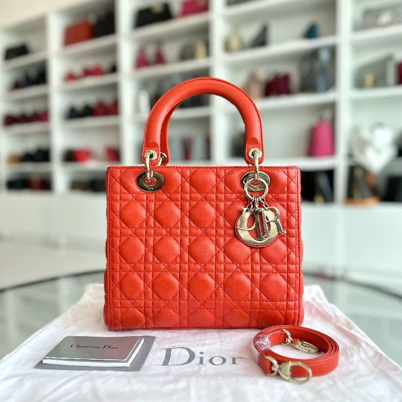 Christian Dior handbags with a detachable mirror for on - the - go touch - upsLady Medium Lambskin Cannage Orange GHW