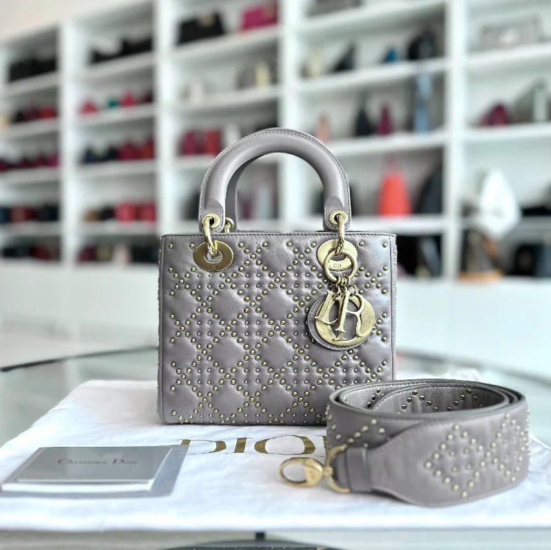 Luxury Christian Dior crossbody bags with a chain - link strapLady Small Studded Soft Lambskin Grey GHW