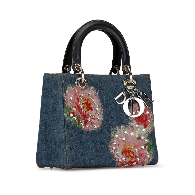 Stylish Christian Dior shoulder bags with a tassel - adorned zipperDior Medium Denim Floral Embellished Lady Dior (9x1Q2j)