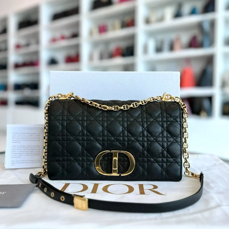 Trendsetting Christian Dior crossbody bags with a colorful strap*Full Set, Receipt, 2022* Caro Large Cannage Calfskin Black GHW