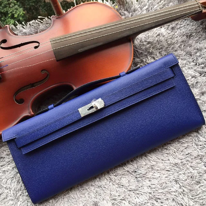 Hermes Bags with Detachable Pouches for Versatility·Hermes Blue Handcrafted Kelly Cut Clutch