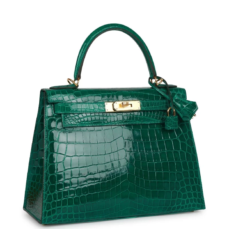 Customizable Hermes Bags with Personalized LocksHermès Kelly Bags with a back - pocket for additional storageHermes Special Order (HSS) Kelly Sellier 28 Emerald Shiny Niloticus Crocodile Gold Hardware