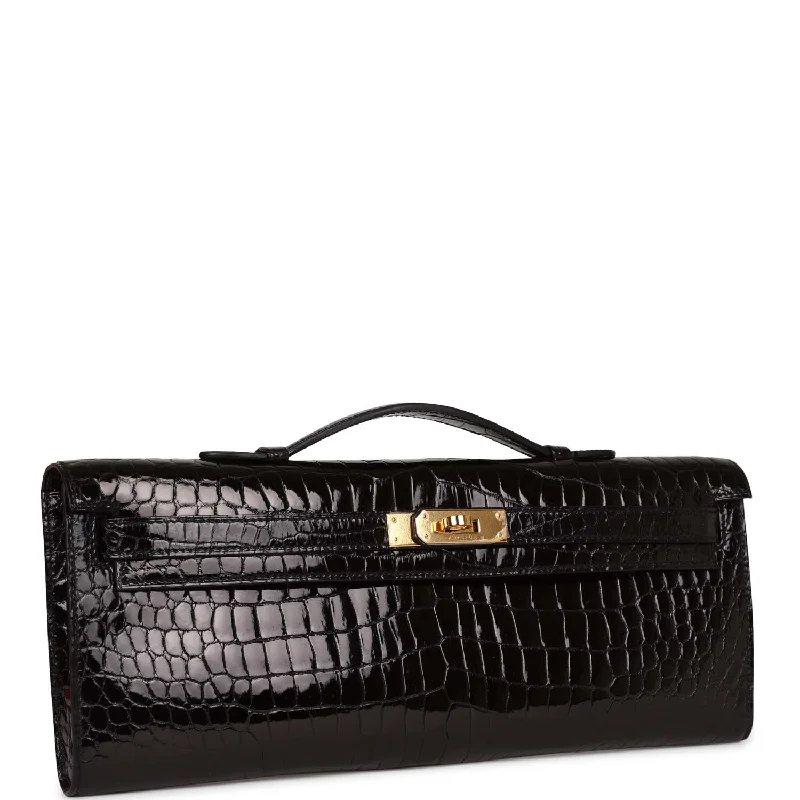 Water - Resistant Hermes Beach Bags for Summer FunHermès Kelly Bags with gold - toned hardware for a luxurious touchHermes Kelly Cut Black Shiny Porosus Crocodile Gold Hardware