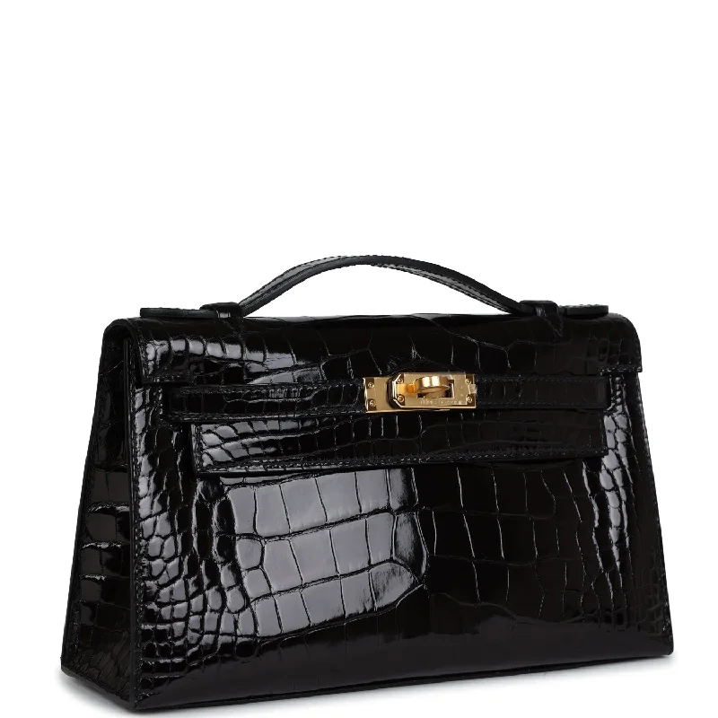 Monogram - Embellished Hermes Bags for a Personalized FlairHermès Kelly Bags in classic black Swift leather for timeless eleganceHermes Kelly Pochette Black Shiny Alligator Gold Hardware