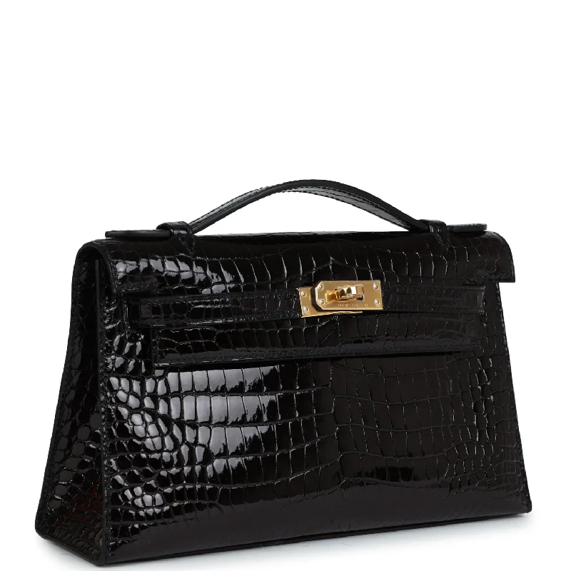 Soft - Handled Hermes So Kelly Bags for a Feminine TouchHermès Kelly Bags with a chain - embellished handle for a modern twistHermes Kelly Pochette Black Shiny Porosus Crocodile Gold Hardware